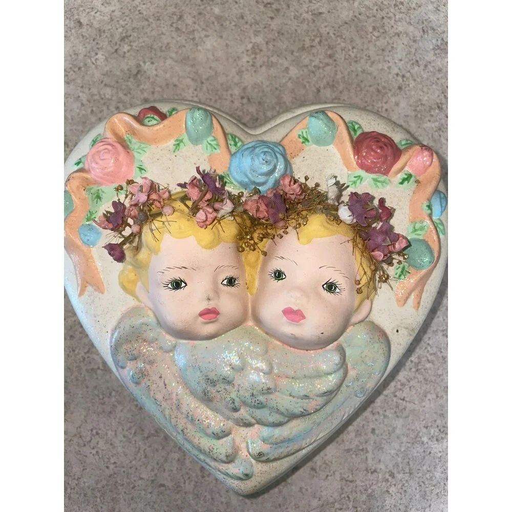 Vintage Heart-Shaped Double Angel Face Ceramic Trinket Box With Floral Accents &